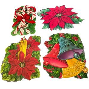 Vintage Christmas Holiday 4 Cut Outs Bell Candy Cane Poinsettia Bird Candle USA